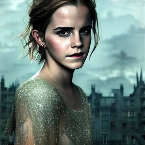 Prompt: portrait of Emma Watson photo photorealistic portrait photograph of Emma Watson dressed in a transparent dress, photographic castle gardens background, nighttime, rich vibrant colors, ambient lighting, dynamic lighting, beautiful detailed photograph intricate insanely detailed octane render, 8k artistic photography, Edward Steichen, Peter Lindbergh, Albert Watson photorealistic, chiaroscuro anime key visual, makoto shinkai, ilya kuvshinov, lois van baarle, rossdraws, detailed, trending on artstation