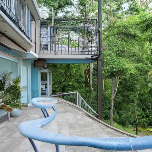 Prompt: 3000 sq ft three level house, wrap around balconies and porches, gray white light blue exterior, large stones in front yard, beautiful sunny day in a tropical rainforest, photorealistic,8k, XF IQ4, 150MP, 50mm, F1.4, ISO 200, 1/160s, natural light
