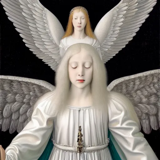 Image similar to highdetailed hyperrealistic painting of white angel!!! no gender smiling noface!!!, light instead of hands, white sparkles everywhere, 4 k hd face!!!, big silver high detailed wings!!!, renaissance, by jan van eyck, holography space, glow effect, large strokes, monochrome!!!!!