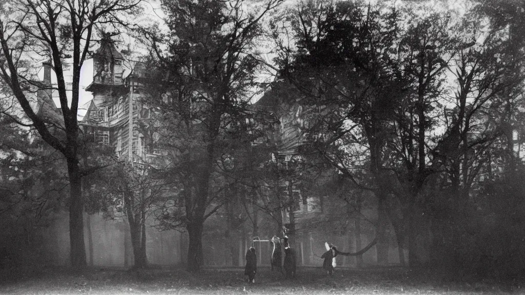 Image similar to An epic photo of a gloomy Victorian mansion in dark forest with hangman by Diane Arbus and Louis Daguerre. highly detailed. 85mm, Bokeh