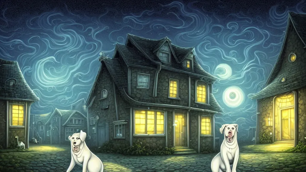 Prompt: a sad white dog in front of an empty house at night by cyril rolando and naomi okubo and dan mumford and ricardo bofill.. lovecraft.. cobbled streets.. oil lamp posts.. lovecraftian.. starry night swirly sky.