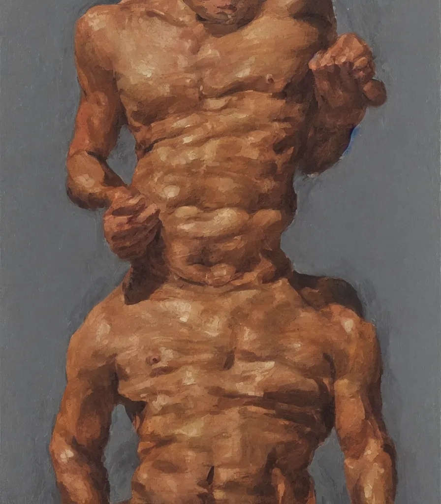 Prompt: medium close shot of a man without shirt in the style of lucian freud self portrait. oil painting, thick brush strokes. gray background. hard light from top. perspective from below. 5 0 mm