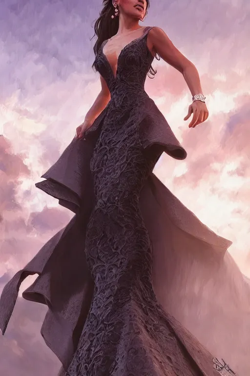 Image similar to full body photo of a gorgeous young spanish woman wearing a formal dress in the style of stefan kostic, realistic, sharp focus, 8k high definition, insanely detailed, intricate, elegant, art by stanley lau and artgerm