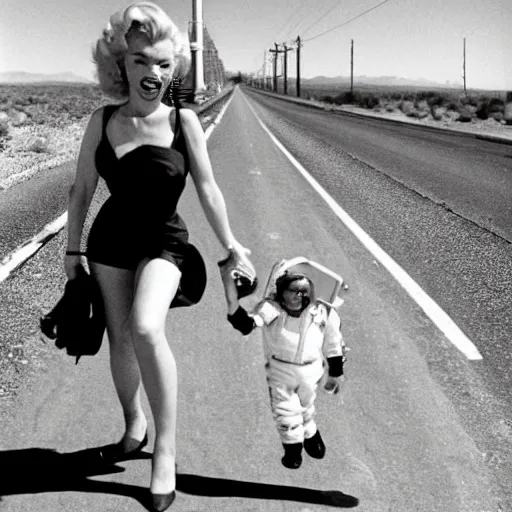 Prompt: marilyn monroe and astronaut walking across highway in arizona