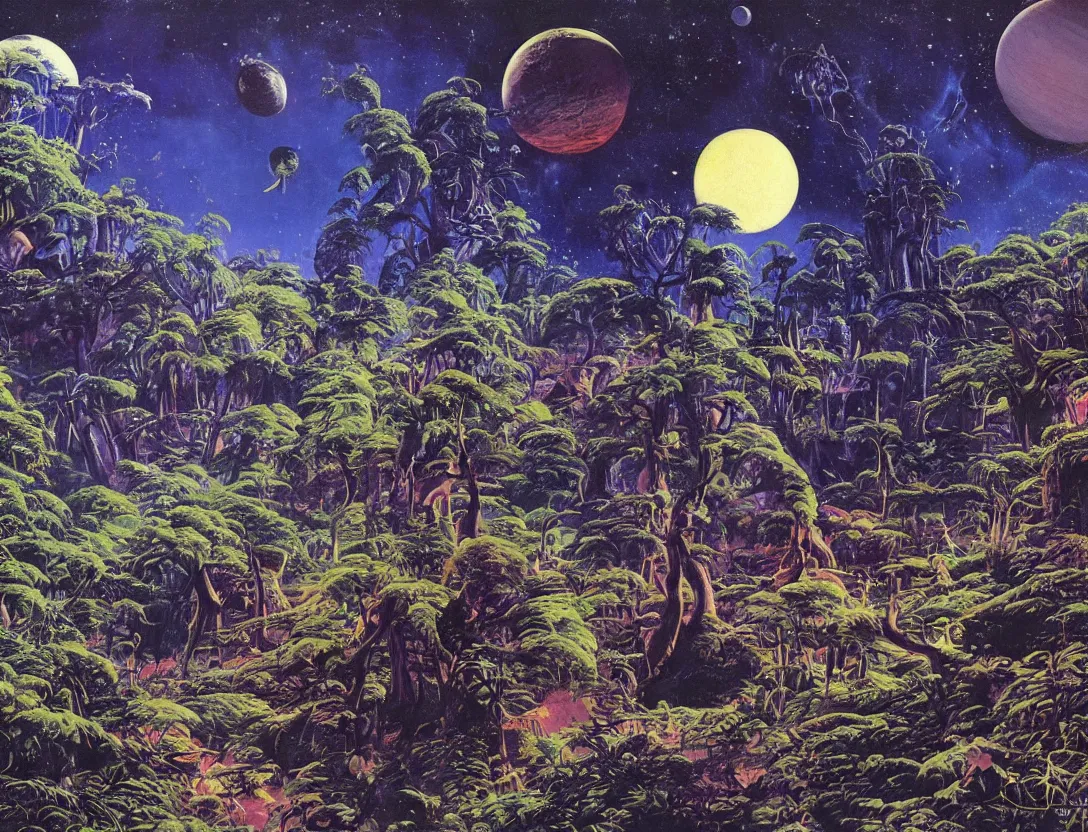 Prompt: a lush alien forest on a moon orbiting a gas giant!! by robert mccall