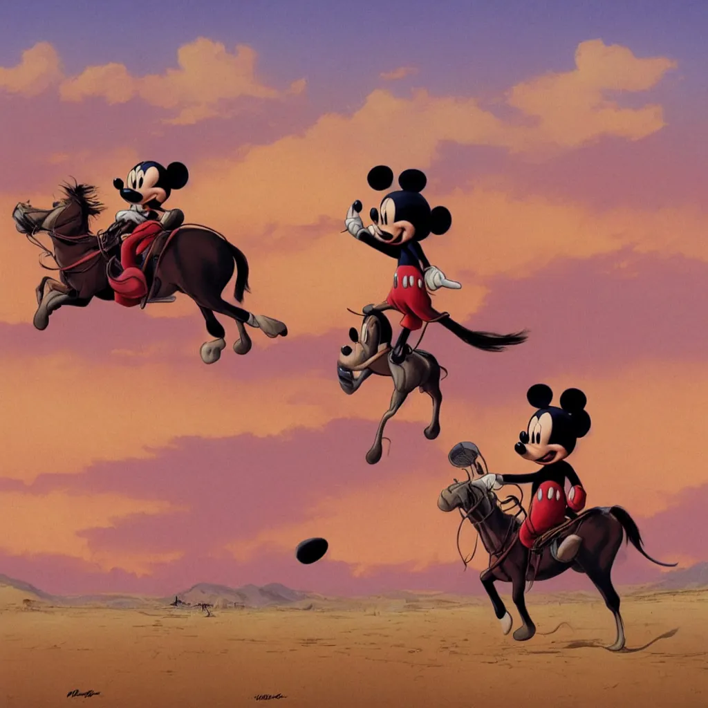Image similar to Mickey Mouse riding a horse in a desert, pink sky, high definition, by Moebius