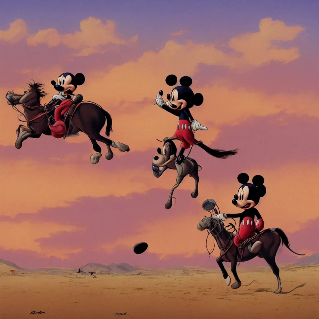 Mickey Mouse riding a horse in a desert, pink sky, | Stable Diffusion ...