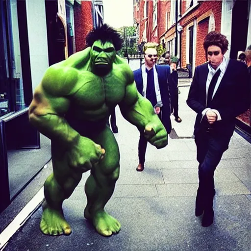 Prompt: “Incredible Hulks walking around Marylebone High St hq movie still”