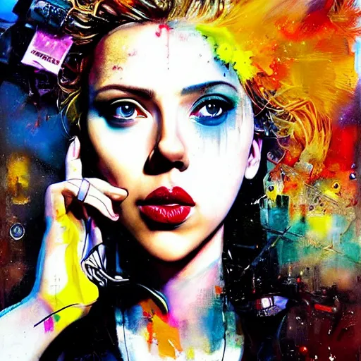 Image similar to scarlett johansson as delirium from sandman, ( hallucinating colorful soap bubbles ), by jeremy mann, by sandra chevrier, by dave mckean and richard avedon and maciej kuciara, punk rock, tank girl, high detailed, 8 k