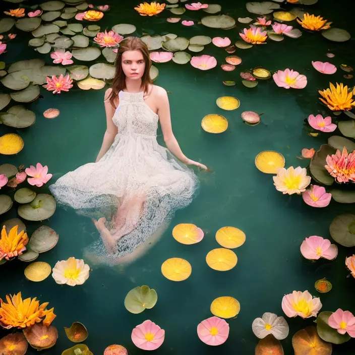 Image similar to Kodak Portra 400, 8K, soft light, volumetric lighting, highly detailed, britt marling style 3/4, photo close-up portrait of extreme beautiful girl floating in water surrounded by lily pads, half face in the water, a beautiful lace dress and hair are intricate with highly detailed realistic beautiful flowers , Realistic, Refined, Highly Detailed, natural outdoor soft pastel lighting colors scheme, outdoor fine art photography, Hyper realistic, photo realistic