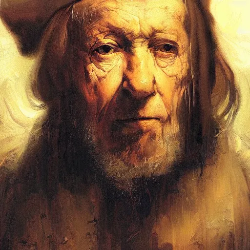 Prompt: high quality oil painting portrait of old cleric by Rembrandt and Raymond Swanland, dark background, high fantasy, perfect lighting