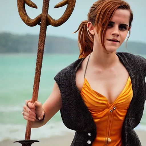 Image similar to emma watson as nami from one piece holding a trident in one hand, award winning photography, cinematic, 50 mm, trending on Twitter