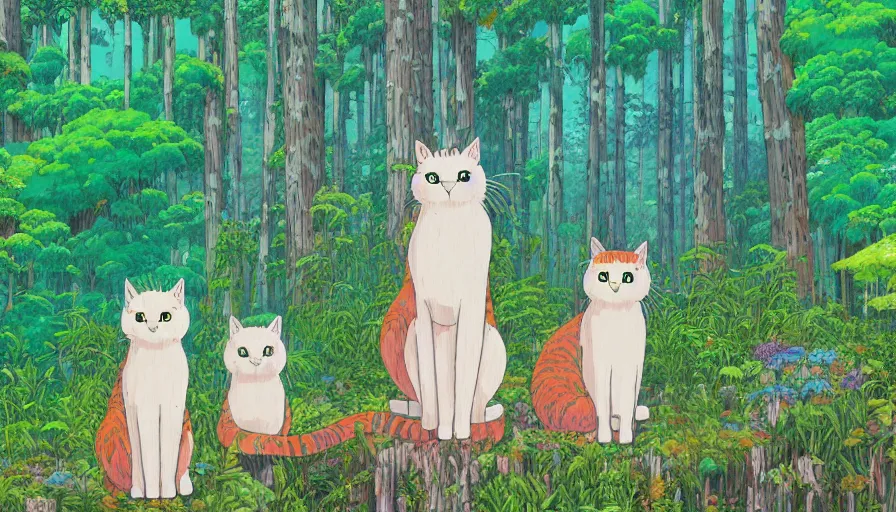 Prompt: highly detailed contemporary acrylic painting of really tall sitting cats by studio ghibli, thick brush strokes and visible paint layers, dense overgrown forest background, vivid pastel color scheme