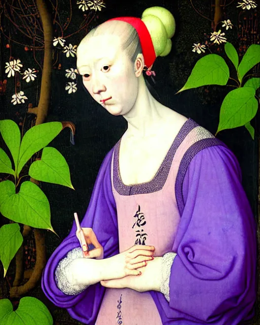 Image similar to portrait of a woman with lilac long hair wearing a blue pajama, standing in a big garden full of plants and hair rolls, intricate details, high detail, in the style of rogier van der weyden and jacopo da pontormo, punk, asian art,