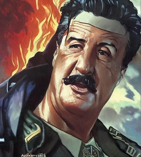 Image similar to sylvester stallone as stalin on fire,, cinematic, by greg rutowski, by greg rutkowski, by stanley artgerm, by alphonse mucha