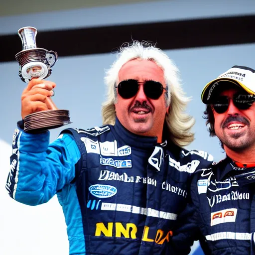 Image similar to high quality photograph of fernando alonso winning the formula 1 world championship together with flavio briatore