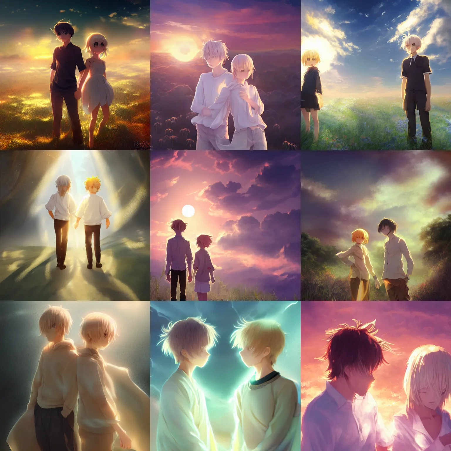 Prompt: A full body portrait of twin brother and sister with golden short hair as Weathering With You, white wearing, digital art, fantasy art, volumetric lighting, dreamy and ethereal, sunset, art by Kyoto Animation, anime illustration, trending on Pixiv.