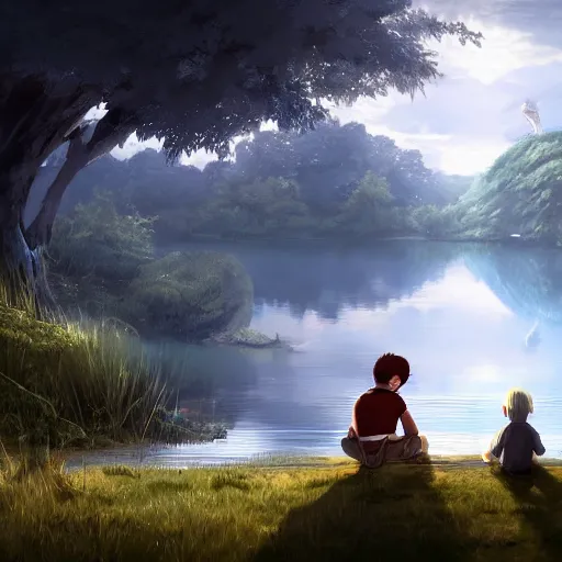 Prompt: a silver dragon and a boy sitting together next to a lake watching firefly at night in forest, concept art, dof, cryengine, digital art, detailed background, makoto shinkai