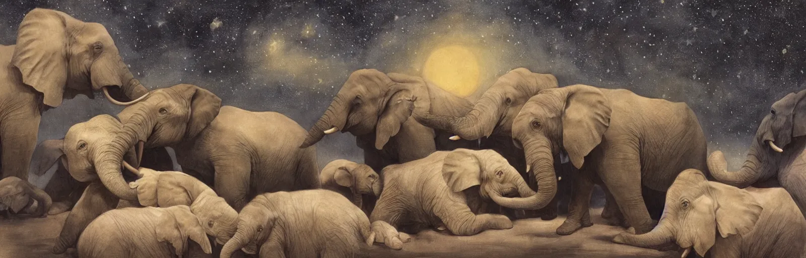 Prompt: two adult elephants and a baby elephants sleeping soundly under a starry sky, savannah, illustration, detailed, smooth, soft, warm, by Adolf Lachman, Shaun Tan, Surrealism