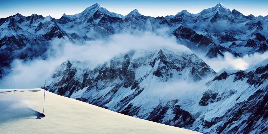 Image similar to a great photograph of the most amazing golf hole in the world, on top of the mount everest, ambient light, golf digest, top 1 0 0, fog