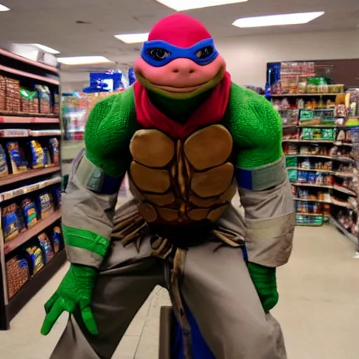 Prompt: Meeting a powerful Ninja Turtle in the backroom of Sears