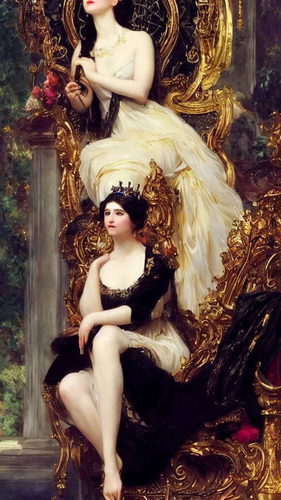 Prompt: a beautiful black haired woman with pale skin and a crown on her head sitted on an intricate metal throne by franz xaver winterhalter and delphin enjolras and rebecca guay