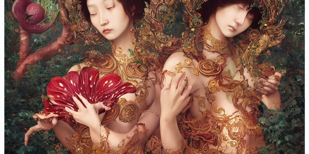 Image similar to breathtaking detailed concept art painting of the goddess of rafflesia arnoldii flowers, orthodox saint, with anxious, piercing eyes, ornate background, amalgamation of leaves and flowers, by Hsiao-Ron Cheng, James jean, Miho Hirano, Hayao Miyazaki, extremely moody lighting, 8K