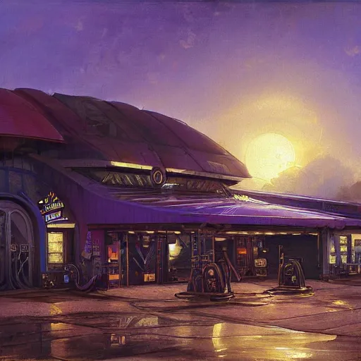 Prompt: portrait painting of syd mead artlilery scifi organic shaped gas station with ornate metal work lands on a farm, fossil ornaments, volumetric lights, purple sun, andreas achenbach