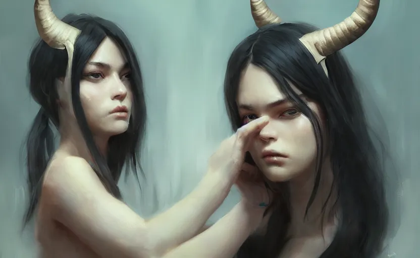 Prompt: a painting of aki trending on artstation in the style of greg rutkowski, beautiful, sensuality, natural skin, horns on head, long black hair