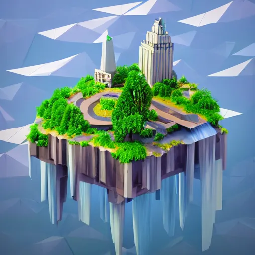 Image similar to new york city on a floating island in the sky, low poly art, isometric art, 3d render, ray tracing, waterfall, high detail, artstation, concept art, behance, smooth, sharp focus, ethereal lighting