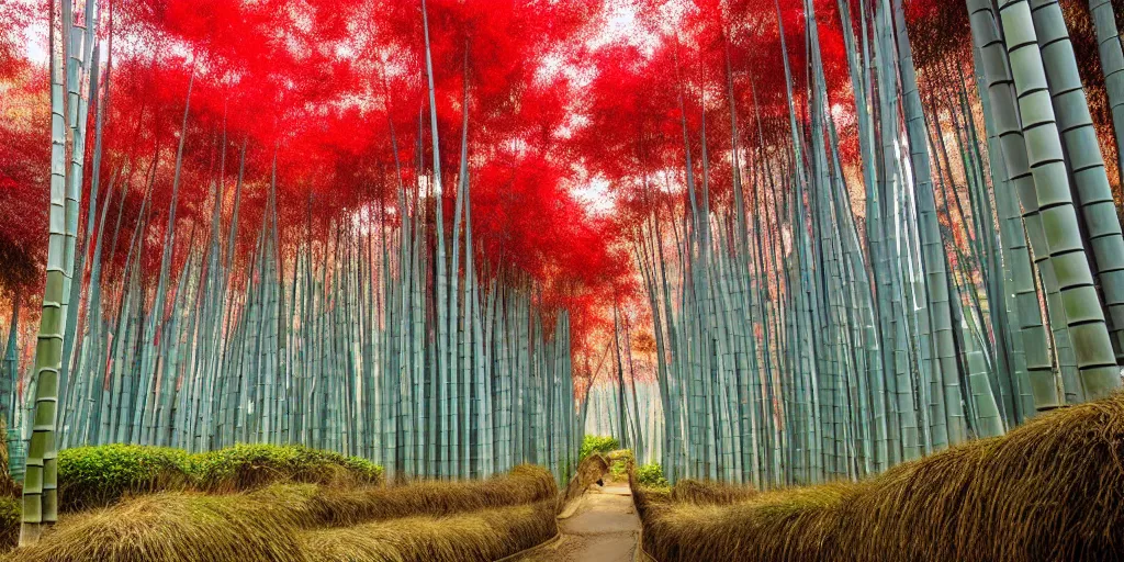 Image similar to Ancient city, Japanese architecture, city is surrounded by tall bamboo, in a bamboo forest, on a mountain, the weather is mist, red leaf trees and bamboo, ultra realistic, detailed, 4k