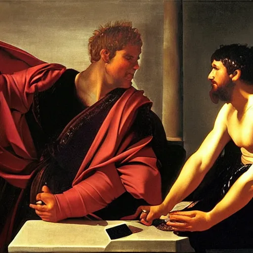 Image similar to roman emperor nero being shown an iphone by a time traveler, by caravaggio