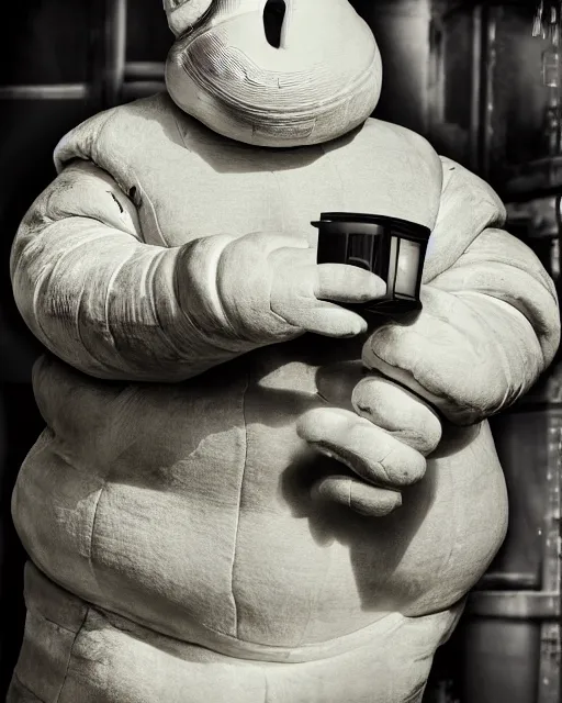 Image similar to hdr monochrome portrait of the michelin man being arrested, intricate, accurate facial details, volumetric lighting