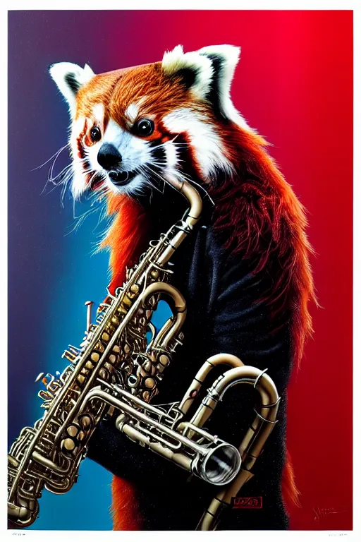 Image similar to a portrait of an anthropomorphic cyberpunk single red panda playing a saxophone by sandra chevrier, by jon foster, detailed render, tape deck, epic composition, cybernetics, 4 k realistic, cryengine, realistic shaded lighting, sharp focus, masterpiece, by enki bilal