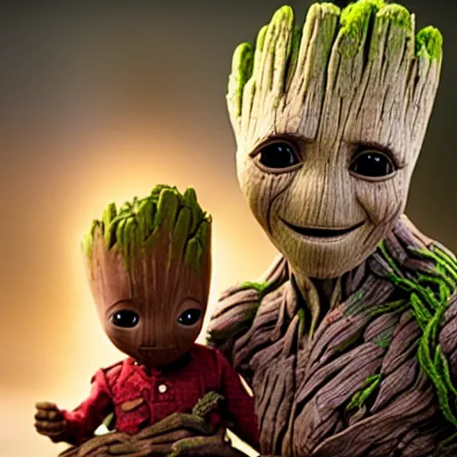 Prompt: adult Groot holding baby Groot,