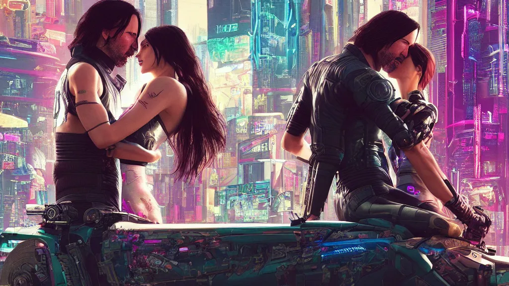 Prompt: a cyberpunk 2077 srcreenshot couple portrait of Keanu Reeves and V as a female android final kisse in night city,love,film lighting,by Lawrence Alma-Tadema,Andrei Riabovitchev,Laurie Greasley,Dan Mumford,John Wick,Speed,Replicas,artstation,deviantart,FAN ART,full of color,intricate,smooth,Digital painting,illustration,face enhance,highly detailed,8K,octane,golden ratio,cinematic lighting