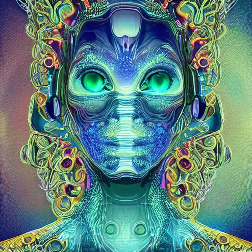 Prompt: Face of a Alien Deity, centered, corals with detailed circuits on it, plume made of geometry, extremly detailed digital painting, sharp focus in the style of android jones, artwork of a futuristic artificial intelligence superstar with frames made of detailed circuits, mystical colors, rim light, beautiful lighting, 8k, stunning scene, raytracing, octane, under water visual distortion, dark tones colors, trending on artstation