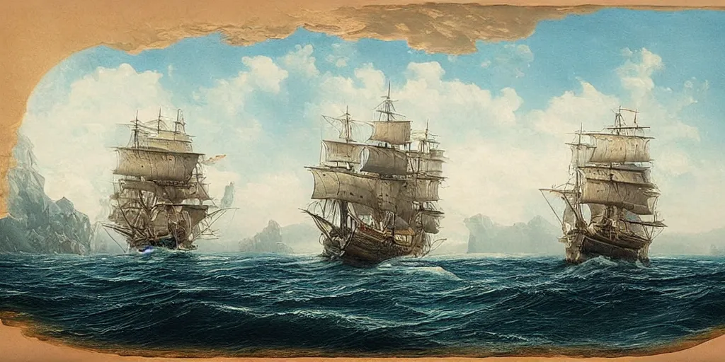 Image similar to a beautiful matte painting, an ancient large sailing ship sailing on the sea