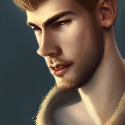 Image similar to tall big man in his twenties with brown blond short regular haircut and round facial structure with cleft chin, straight eyebrows, slightly smiling, cheekbones, wider face, shadow of beard, atmospheric lighting, painted, intricate, 4 k, highly detailed by charlie bowater