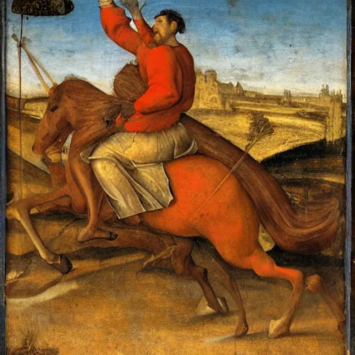 Prompt: a man standing on all fours, bucking upwards and kicking a horse in the face, spanish renaissance