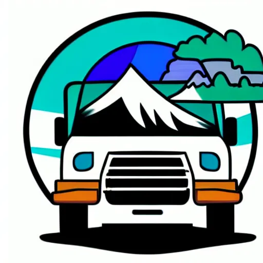 Prompt: white and black cute thor chateau motorhome camper, highway, mountains and sunset!!, everything enclosed in a circle, happy, professional colorful logo illustration