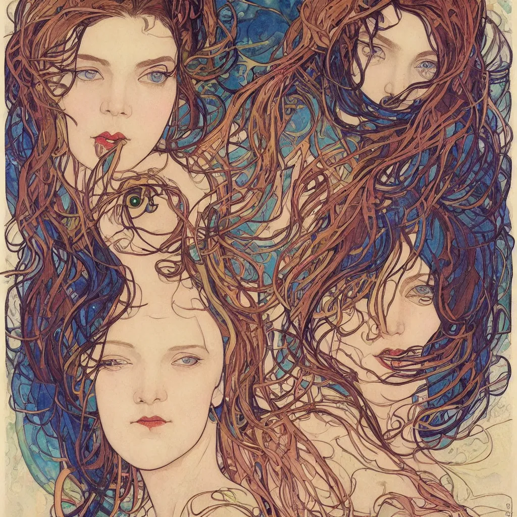 Image similar to an Angek, beautiful eyes, symmetrical face, paint, ink, palettes, spectrum, in the style of Joshua Middleton, Mucha, Kandinsky