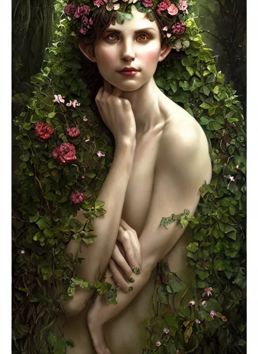 Image similar to beautiful portrait of a great fairy elf, her body wrapped with ivy vines and flowers, dark fantasy, d & d, fantasy, cinematic lighting, intricate, elegant, highly detailed, digital painting, artstation, concept art, matte, sharp focus, illustration, art by artgerm and tom bagshaw and greg rutkowski and alphonse mucha