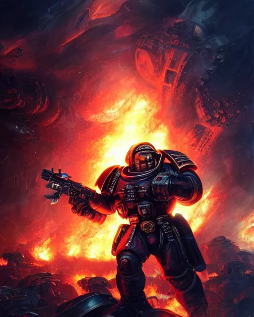 Image similar to space marine surrounded by explosions and burning buildings, sharp focus, hyper detailed, dark fantasy, warhammer 4 0 k, digital painting, by by artgerm and greg rutkowski and magali villeneuve