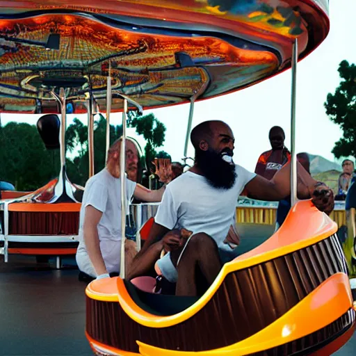 Prompt: death grips riding tilt - a - whirl at a carnival, mc ride, zach hill, andy morin, as ed binkley