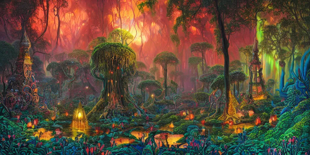 Prompt: beautifully detailed painting of a dreamy psychedelic rainforest with fireflies and fairies, intricate coral, fungal gems, iridescent crystal monoliths, obelisks and an aurora borealis, mossy stumps by dan mumford, diego rivera, eugene delacroix, jean leon gerome, eddie mendoza
