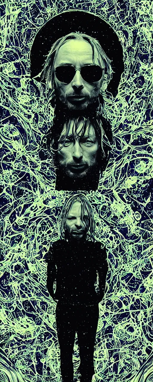 Image similar to disco diffusion portrait of Thom Yorke, on the moon:: cosmic tarot card, intricate fractal details, broken reality, fanciful floral mandelbulb, black paper, style of wes anderson