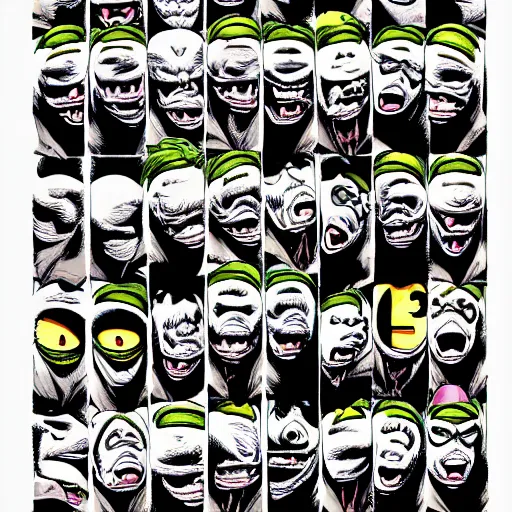 Prompt: drawing of 1 4 tiny jokers crawling out the mouth of gotham city's finest investigative reporter, 4 k art by brian bolland