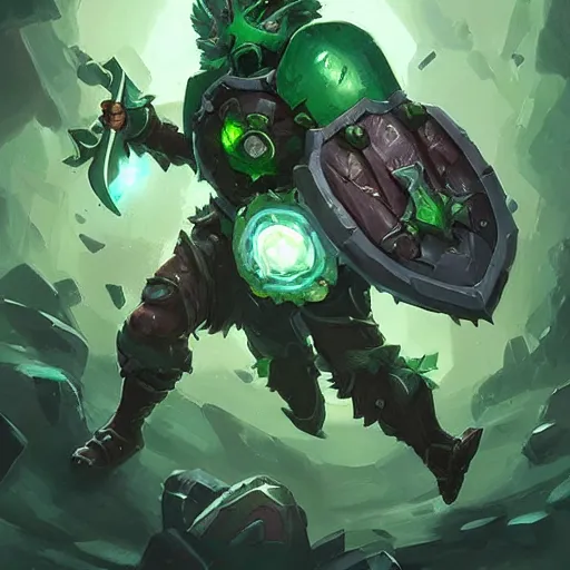 Prompt: green leaves shield weapon, nature shield, heavy chained mace, hearthstone weapon art, by greg rutkowski