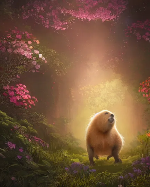 Prompt: Capybara playing Guitar in magical forest, portrait, flowers, flower dress, magic the gathering artwork, D&D, fantasy, cinematic lighting, centered, symmetrical, highly detailed, digital painting, artstation, concept art, smooth, sharp focus, illustration, volumetric lighting, epic Composition, 8k, art by Akihiko Yoshida and Greg Rutkowski and Craig Mullins, oil painting, cgsociety